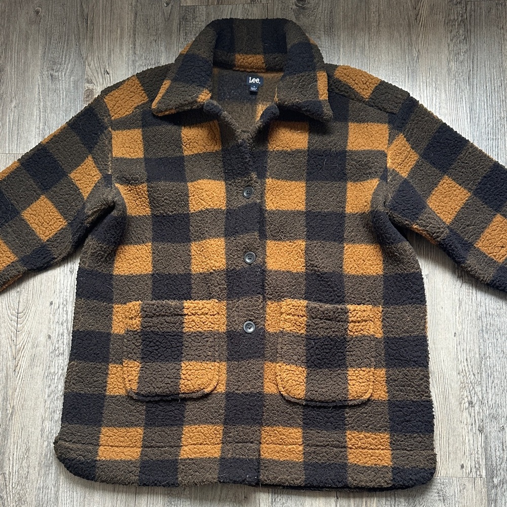 Lee Womens Button Front Sherpa Fleece Jacket Black Orange Plaid Size L
